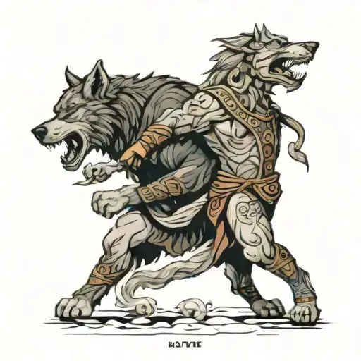 viking god fights giant wolf tattoo design idea
