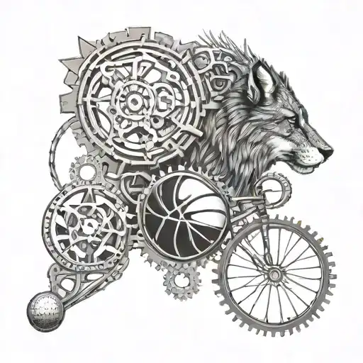 A basketball and badminton racket intertwined with gears and mechanical elements to represent engineering, with a fox and lion peeking out from behind, in dotwork style tattoo design idea