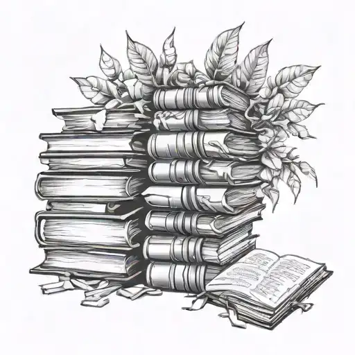 books stacked. element of time piece. black and white  tattoo design idea