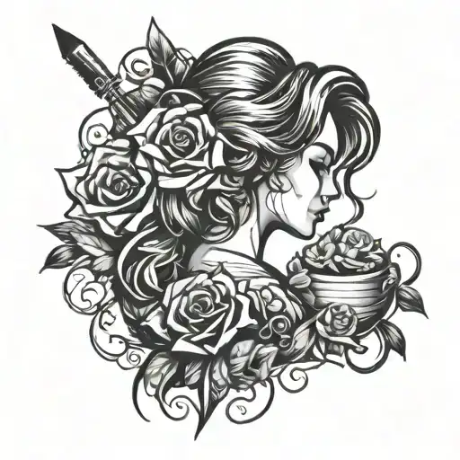 A tattoo design featuring a mother and child silhouette intertwined with beauty tools to represent your passion for cosmetology tattoo design idea