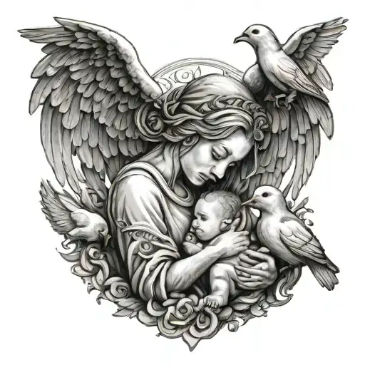 A peaceful scene of a mother embracing her children surrounded by symbols of faith and love, like doves and hearts tattoo design idea