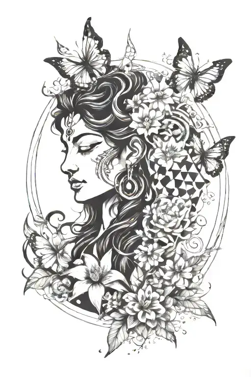 shiva, flower, moon, butterfly, line art and abstract tattoo design idea