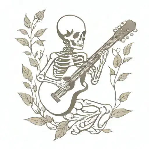 A skeleton playing a guitar surrounded by music notes and plant leaves tattoo design idea