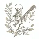 A skeleton playing a guitar surrounded by music notes and plant leaves tattoo design idea