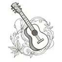A skeleton playing a guitar surrounded by music notes and plant leaves tattoo design idea