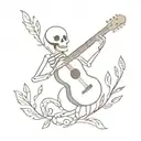 A skeleton playing a guitar surrounded by music notes and plant leaves tattoo design idea