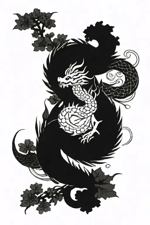 A minimalist representation of a Japanese dragon wrapped around a sakura tree tattoo design idea