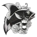 A smoking fish with a cocktail in its fin tattoo design idea