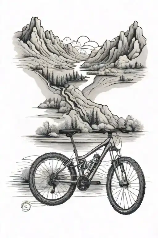 Design a tattoo of a bicycle surrounded by 3 mountains in the background and a stream between mountains and bicycle. tattoo design idea