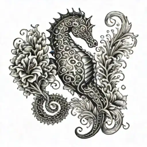 sea horse sea theme pretty flowers bubbles coral tattoo design idea