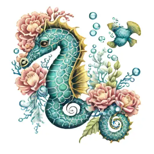 sea horse sea theme pretty flowers bubbles coral tattoo design idea