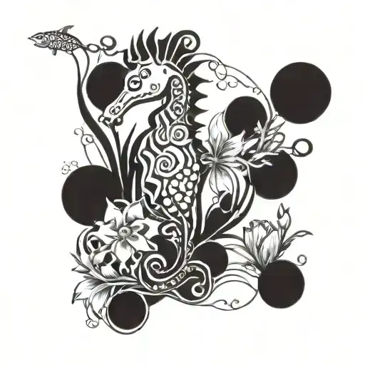 sea horse sea theme pretty flowers bubbles coral tattoo design idea