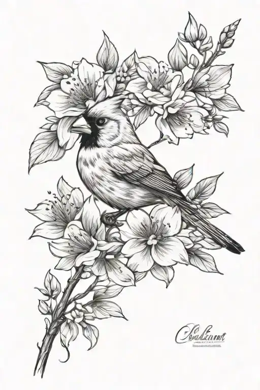 cardinal and birth flower tattoo design idea