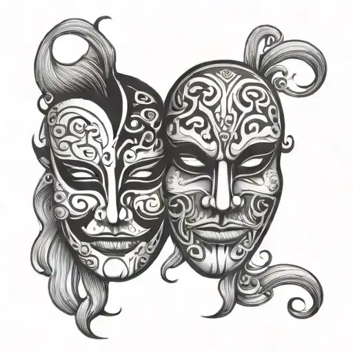 happy and sad mask split in half tattoo design idea