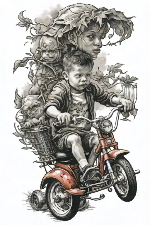 portrait of child on tricycle tattoo design idea