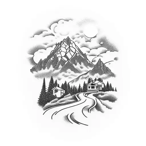 A picturesque mountain view with a winding road leading to a mechanic's garage, with a touch of floral accents tattoo design idea