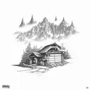 A picturesque mountain view with a winding road leading to a mechanic's garage, with a touch of floral accents tattoo design idea