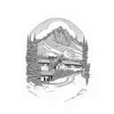 A picturesque mountain view with a winding road leading to a mechanic's garage, with a touch of floral accents tattoo design idea