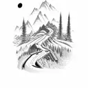 A picturesque mountain view with a winding road leading to a mechanic's garage, with a touch of floral accents tattoo design idea