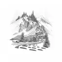 A picturesque mountain view with a winding road leading to a mechanic's garage, with a touch of floral accents tattoo design idea