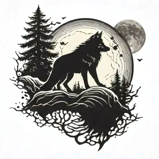 moon wolf silhouette tattoo design idea