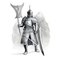 medieval knight (like templar) brindishin his sword staring at the fron, with a river flowing below his feet tattoo design idea