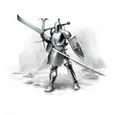 medieval knight (like templar) brindishin his sword staring at the fron, with a river flowing below his feet tattoo design idea