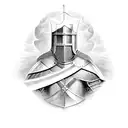 medieval knight (like templar) brindishin his sword staring at the fron, with a river flowing below his feet tattoo design idea