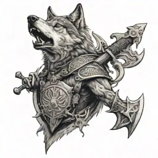 A realistic black and grey portrait of a wolf surrounded by Viking shields and weapons tattoo design idea