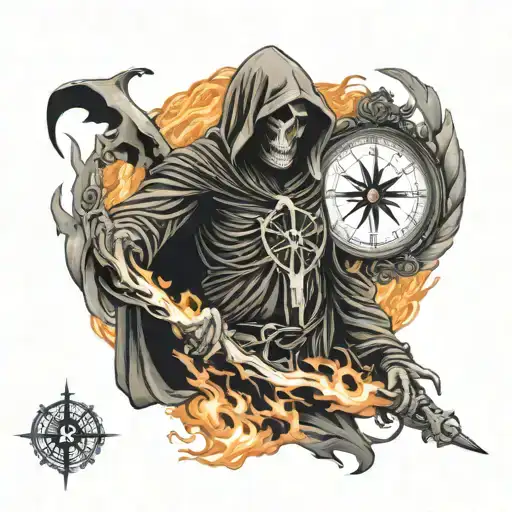 grim reaper surrounded by flames with Greek compass left arm sleeve   tattoo design idea