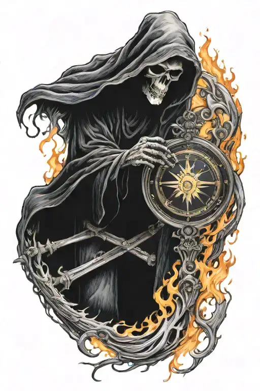 grim reaper surrounded by flames with Greek compass left arm sleeve   tattoo design idea