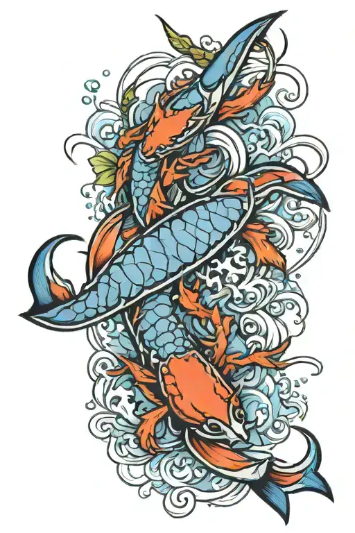 full arm sleeve featuring fishing hooks, blue crab , fish , water and boat tattoo design idea