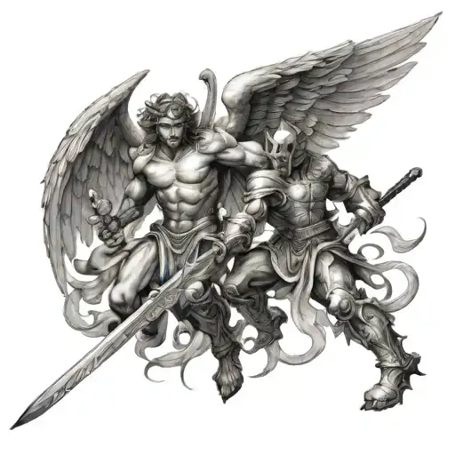 angel fighting demon with sword tattoo design idea