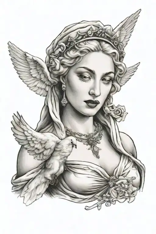 madonna on the arm  with dove flying on the chest tattoo design idea