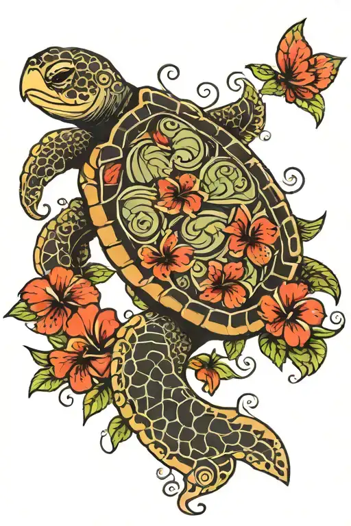 maori sea turtle with red hibiscus flowers tattoo design idea