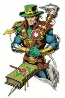 Loki's scepter stabbing a book with Iron Man and Captain America coming out of the book tattoo design idea