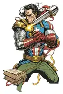 Loki's scepter stabbing a book with Iron Man and Captain America coming out of the book tattoo design idea