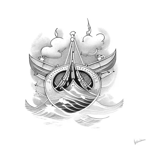 viking longship int he mist of a stormy sea tattoo design idea