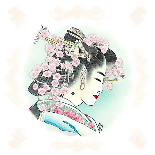 An elegant geisha reading a book under a blooming sakura tree, capturing the beauty of both literature and Japan tattoo design idea