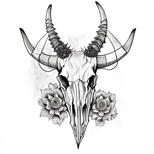 longhorn skull with flowers wrapped around the horns tattoo design idea