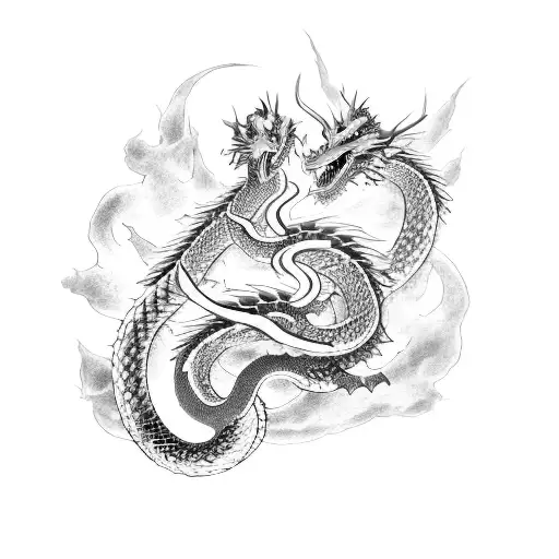 A traditional Japanese snake and dragon battling in a dynamic composition, capturing the essence of their power and mythology tattoo design idea