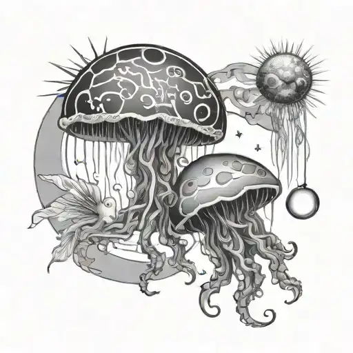 two jellyfish moon and sun shining tattoo design idea