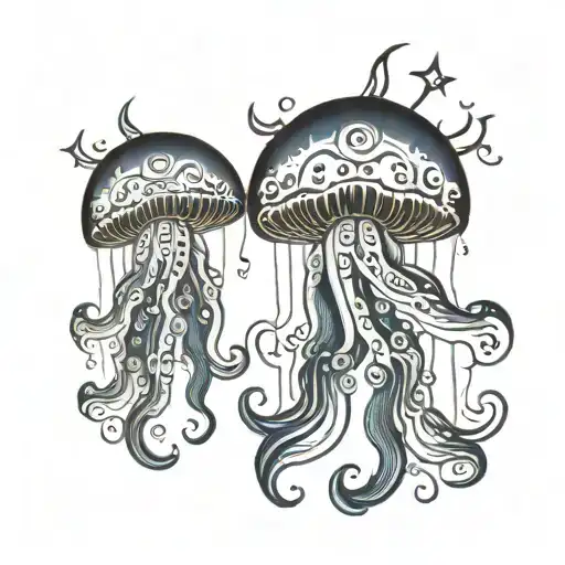 two jellyfish moon and sun shining tattoo design idea