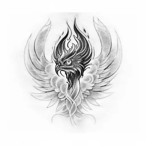 A tattoo of a phoenix rising from ashes with the word Harinநீ incorporated into the flames tattoo design idea