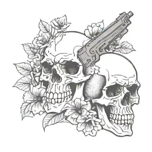 skull with gun and flowers tattoo design idea