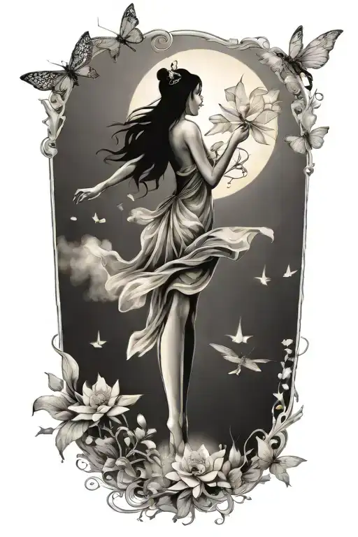fairy and dragonflies flying towards the sun tattoo design idea