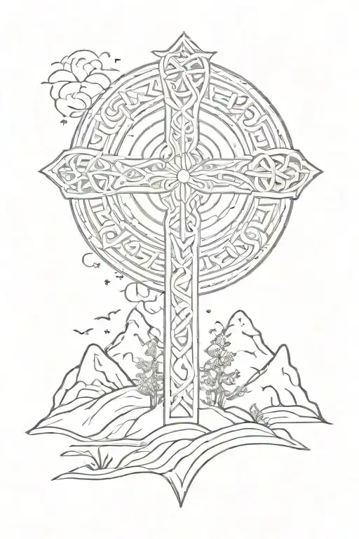 celtic cross tatto mountain scence tattoo design idea