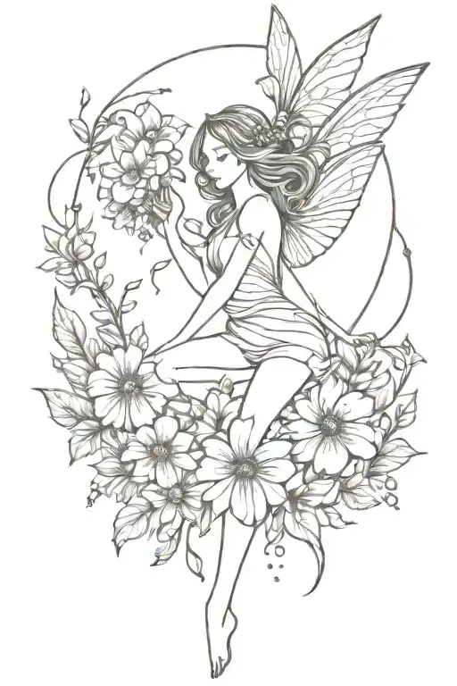 fairy and flowers tattoo design idea