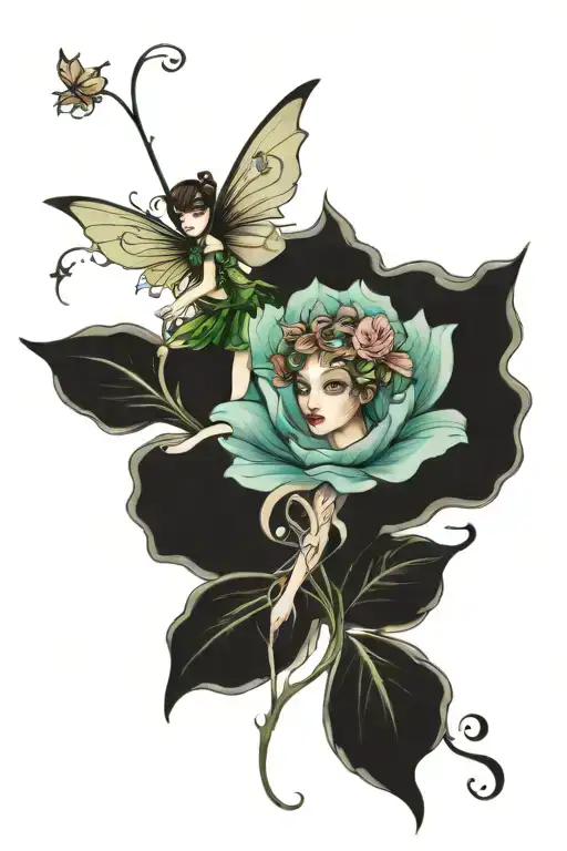 fairy and flowers tattoo design idea