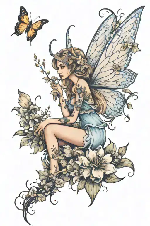 fairy and flowers tattoo design idea